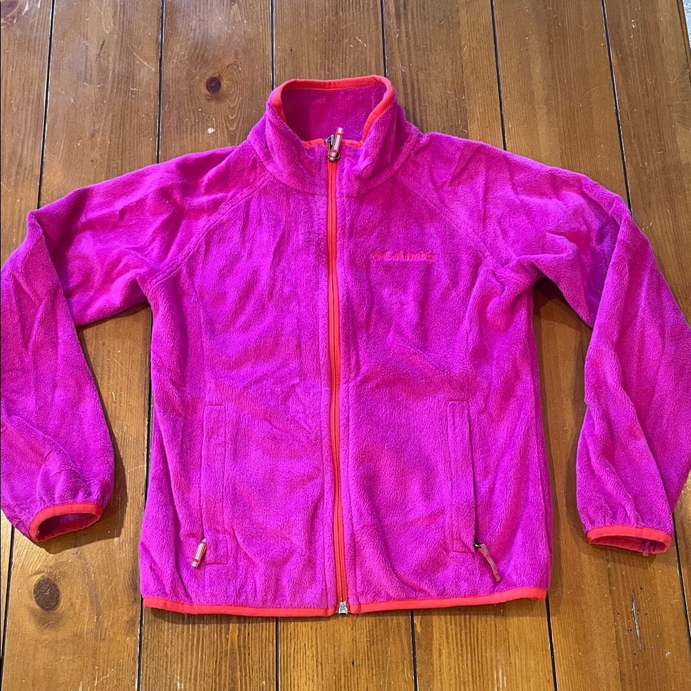 Columbia Full Zipper Fleece Jacket Pink w/Orange Trim Girls Size S EUC